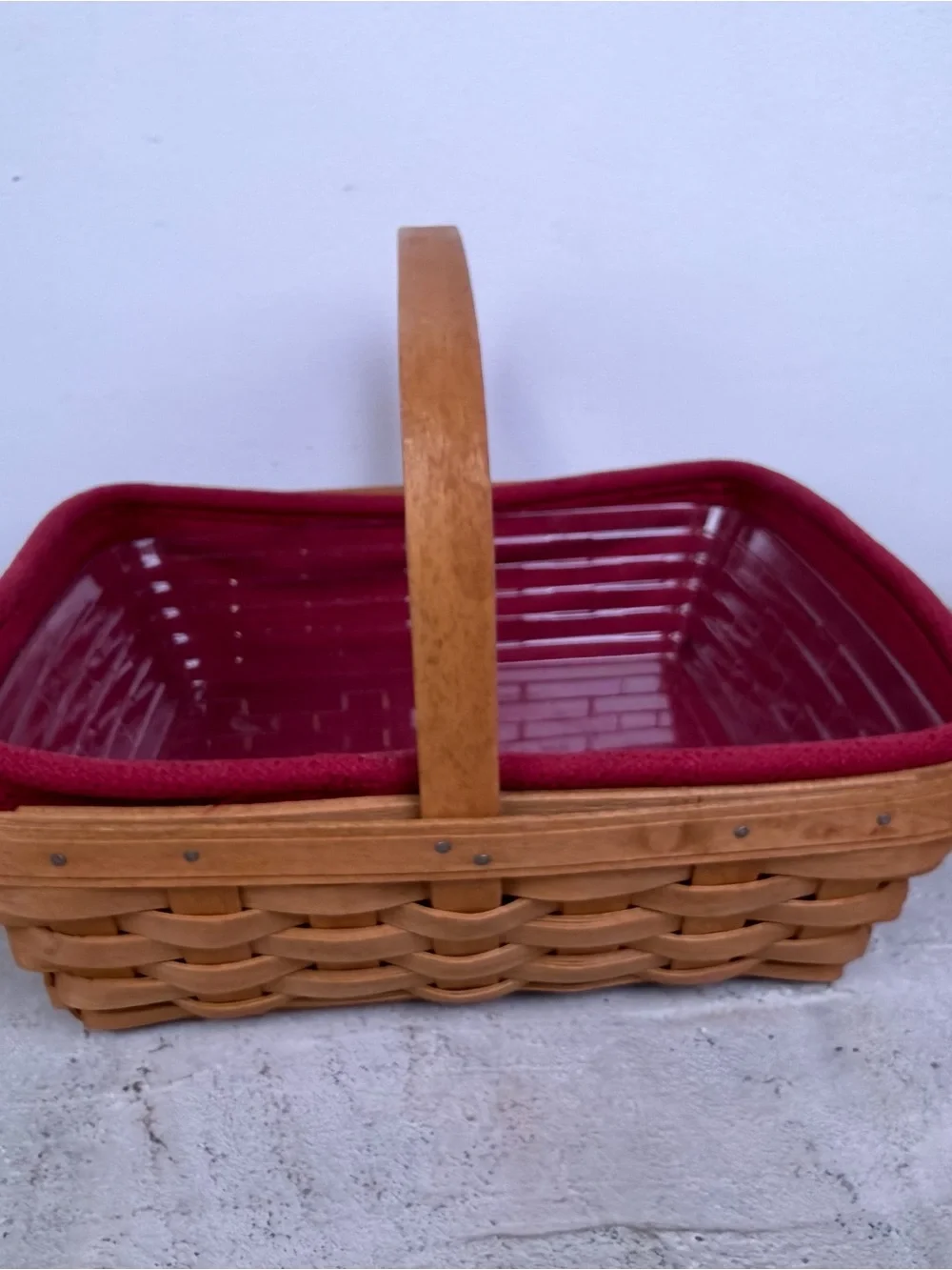 Vintage 2005 Longaberger Basket Red Liner Protector Single Handle Dresden Ohio